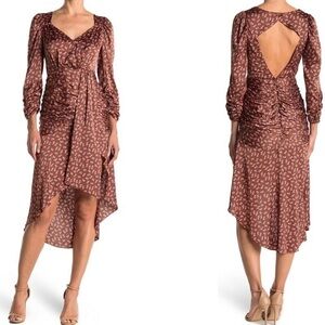 LUSH NWOT silk brown dress with pink detail and open back